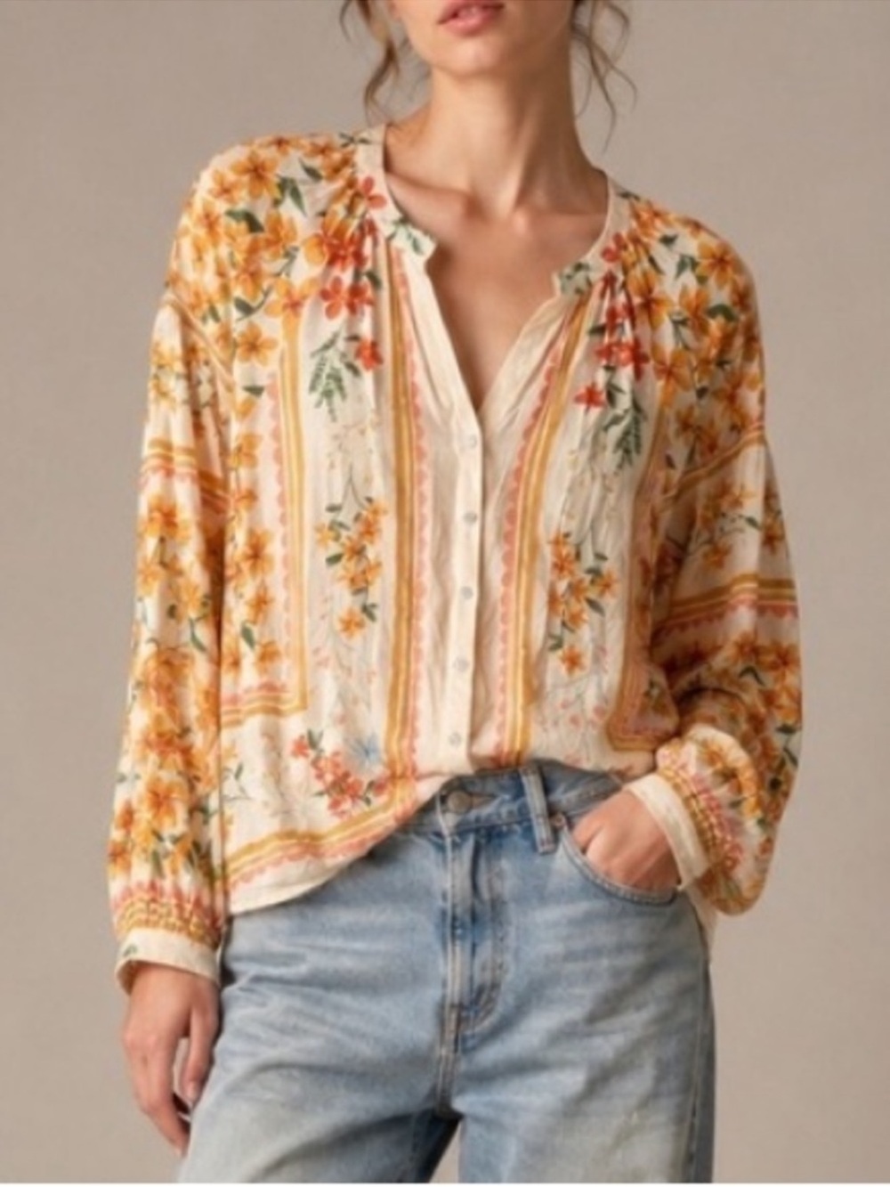 DR2 Button Front Cream Blouse Yellow Orange Floral Long Puff Sleeves NWT Medium